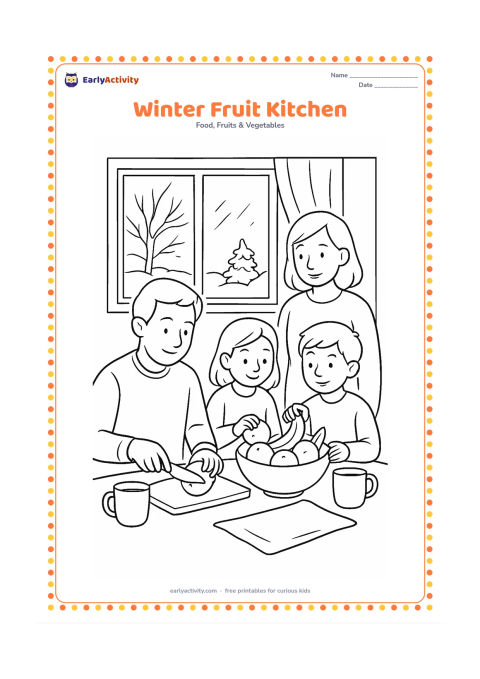 Colouring page: A family kitchen scene on a cool winter morning with an adult slicing an apple, children arranging oranges and bananas in a bowl, a window, warm cups, and a simple cloth.