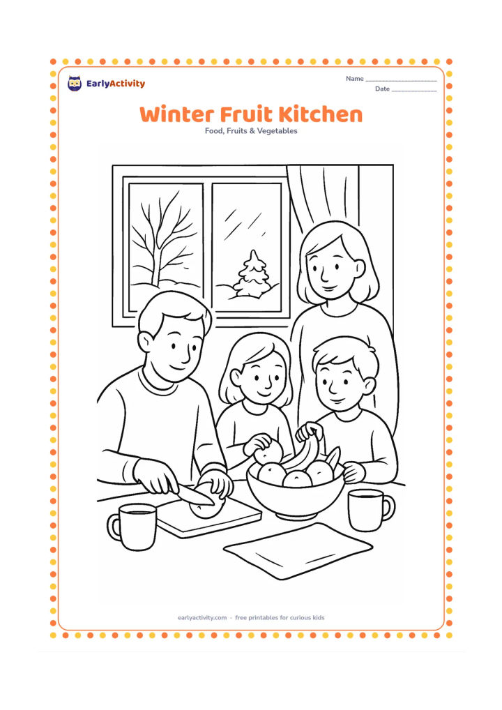Colouring page: A family kitchen scene on a cool winter morning with an adult slicing an apple, children arranging oranges and bananas in a bowl, a window, warm cups, and a simple cloth.