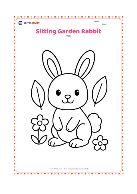 Colouring page: A cheerful rabbit sits facing forward with large ears, round eyes, paws and fluffy tail clearly visible. Place it among three large leaves and two simple flowers, with plenty of open…