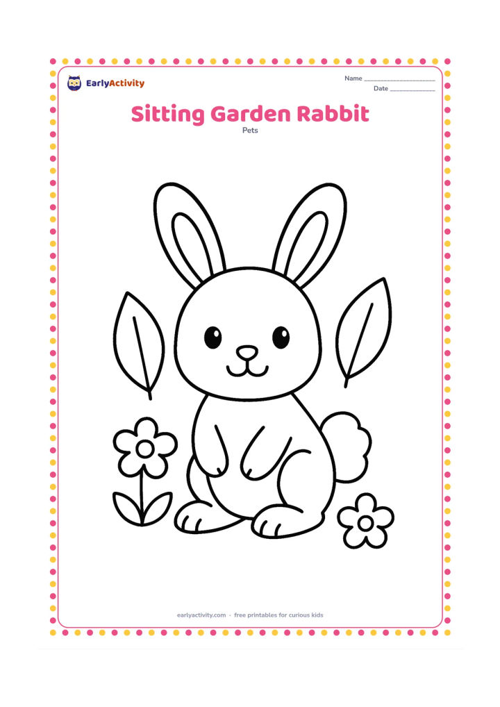 Colouring page: A cheerful rabbit sits facing forward with large ears, round eyes, paws and fluffy tail clearly visible. Place it among three large leaves and two simple flowers, with plenty of open…