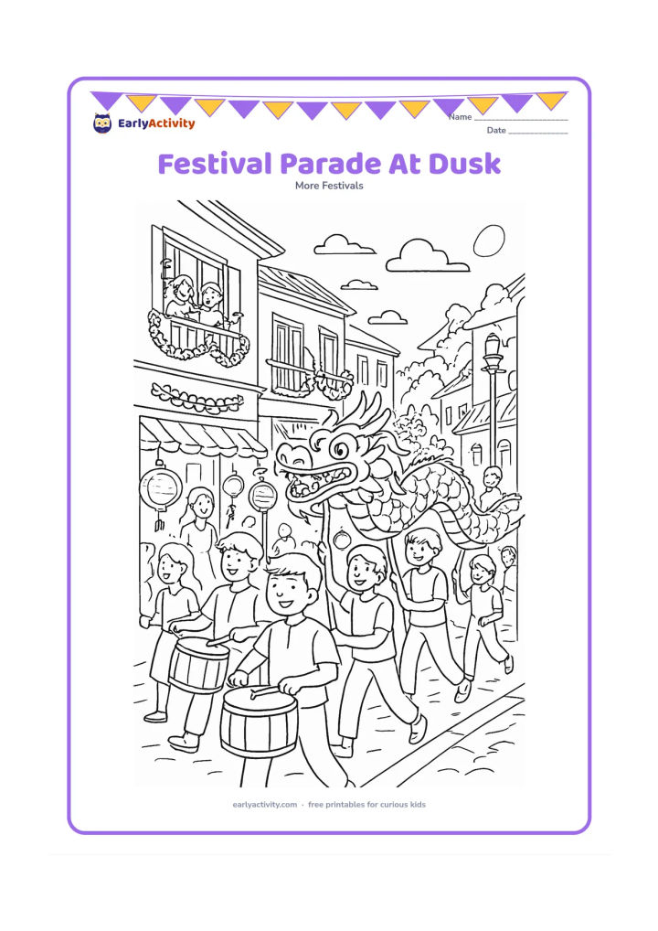 Colouring page: Draw a lively street parade with a dragon dance, drummers, lantern bearers, flower garlands, small crowds and decorated balconies. Add an evening sky, rooftops, trees and a few…