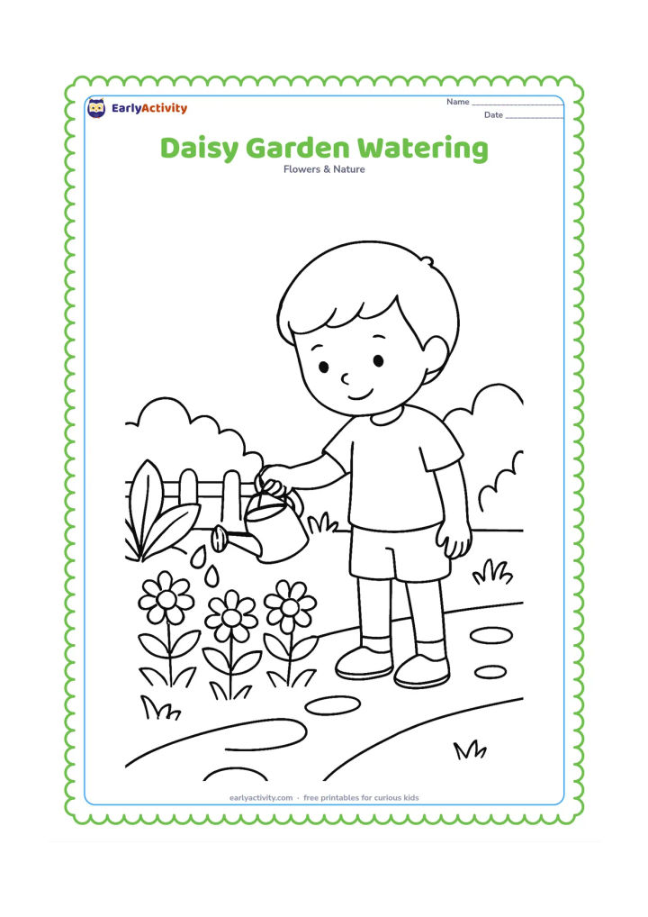 Colouring page: Draw a child watering a row of daisies with a small watering can. Include a garden path, broad leaves, grass clumps and a low fence behind the child.