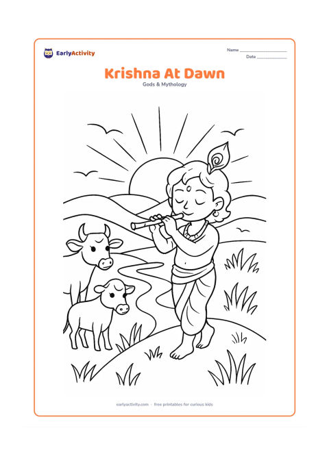 Colouring page: Draw Krishna standing on a hilltop playing his flute as the sun rises behind distant hills. Include two cows, a winding path, tall grasses, and a few birds in the sky.