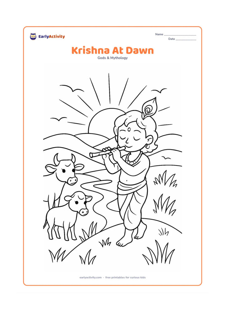 Colouring page: Draw Krishna standing on a hilltop playing his flute as the sun rises behind distant hills. Include two cows, a winding path, tall grasses, and a few birds in the sky.