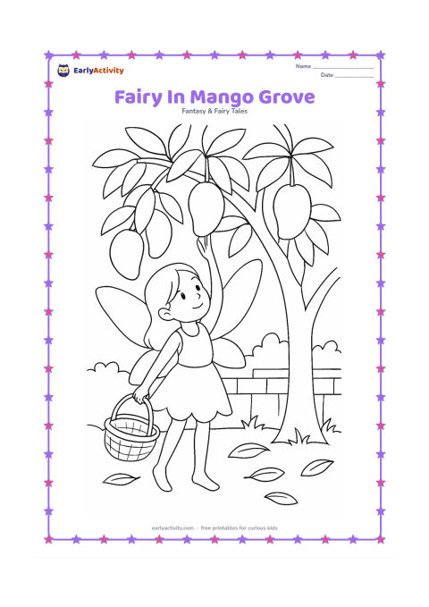 Colouring page: A winged fairy reaches up to pick a mango from a leafy mango tree. Show a woven basket, fallen leaves, grass and a small garden wall behind her.