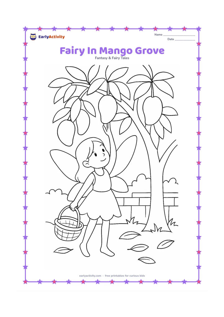 Colouring page: A winged fairy reaches up to pick a mango from a leafy mango tree. Show a woven basket, fallen leaves, grass and a small garden wall behind her.