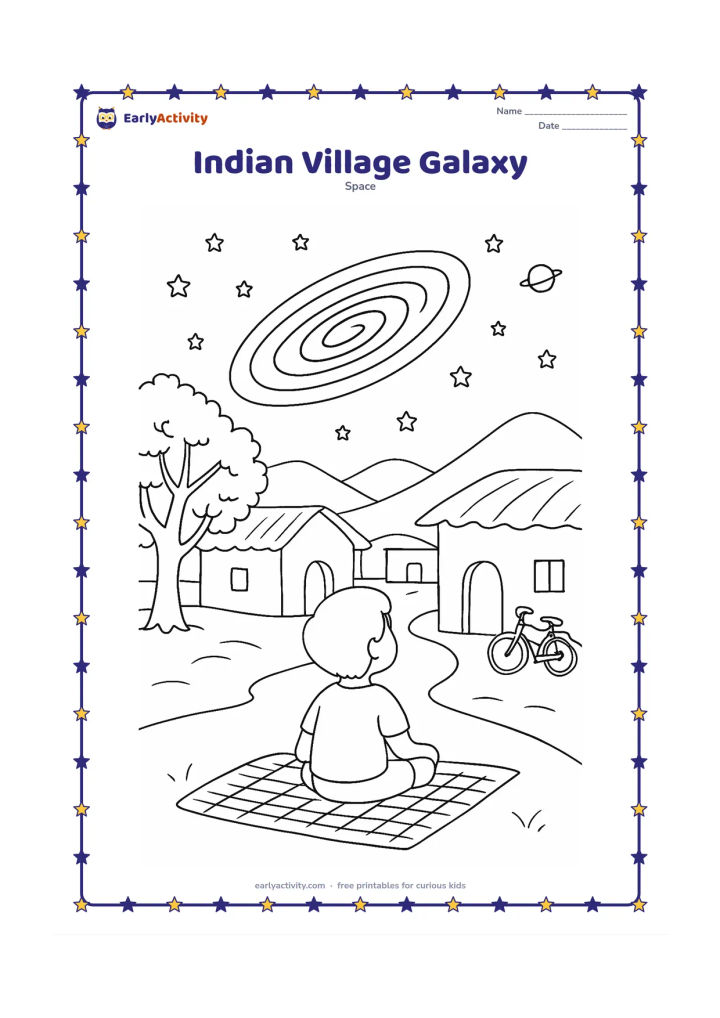 Colouring page: A village scene with a child sitting on a woven mat and looking at an oval galaxy above mud-plastered homes, a neem tree and distant hills. Add stars, a small planet and a bicycle…