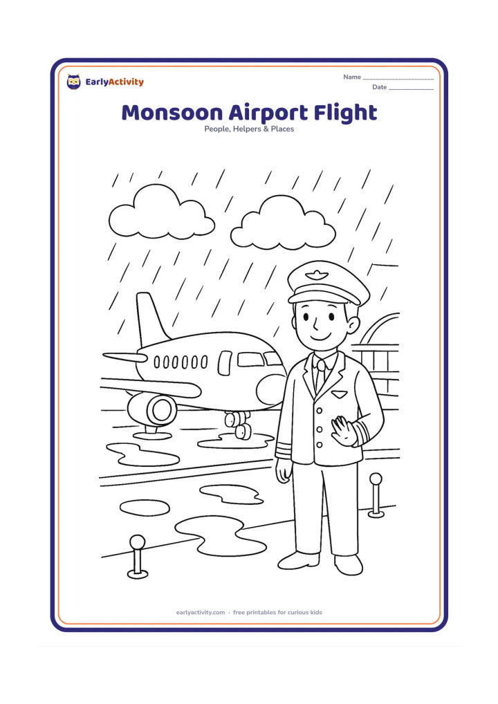 Colouring page: A pilot stands beside an aeroplane on a wet runway while gentle rain falls and dark clouds gather overhead. Show puddles, runway lights and a covered airport walkway, with a calm…