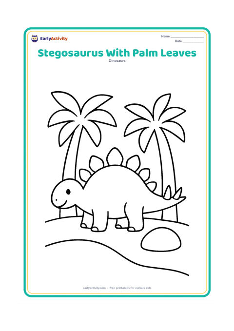 Colouring page: Draw a friendly stegosaurus standing between two large palm-like plants, with its four tail spikes clearly visible. Add a curved horizon and one large round stone.
