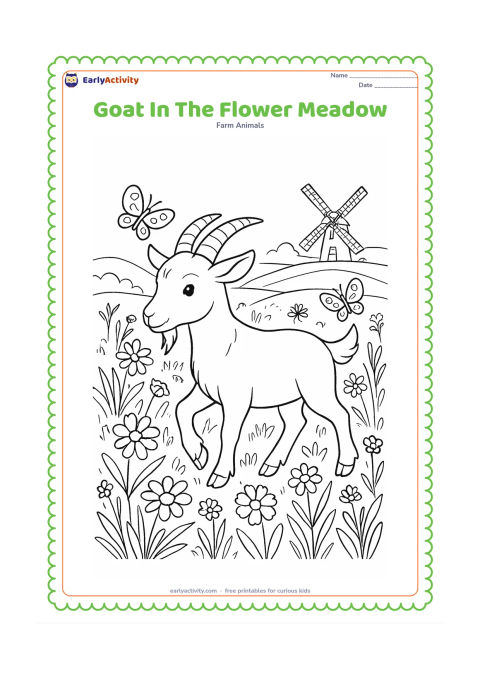 Colouring page: Draw a goat walking through a detailed meadow with daisies, tall grasses, butterflies, a distant windmill, and rolling farmland. Show its split hooves stepping between the flowers.