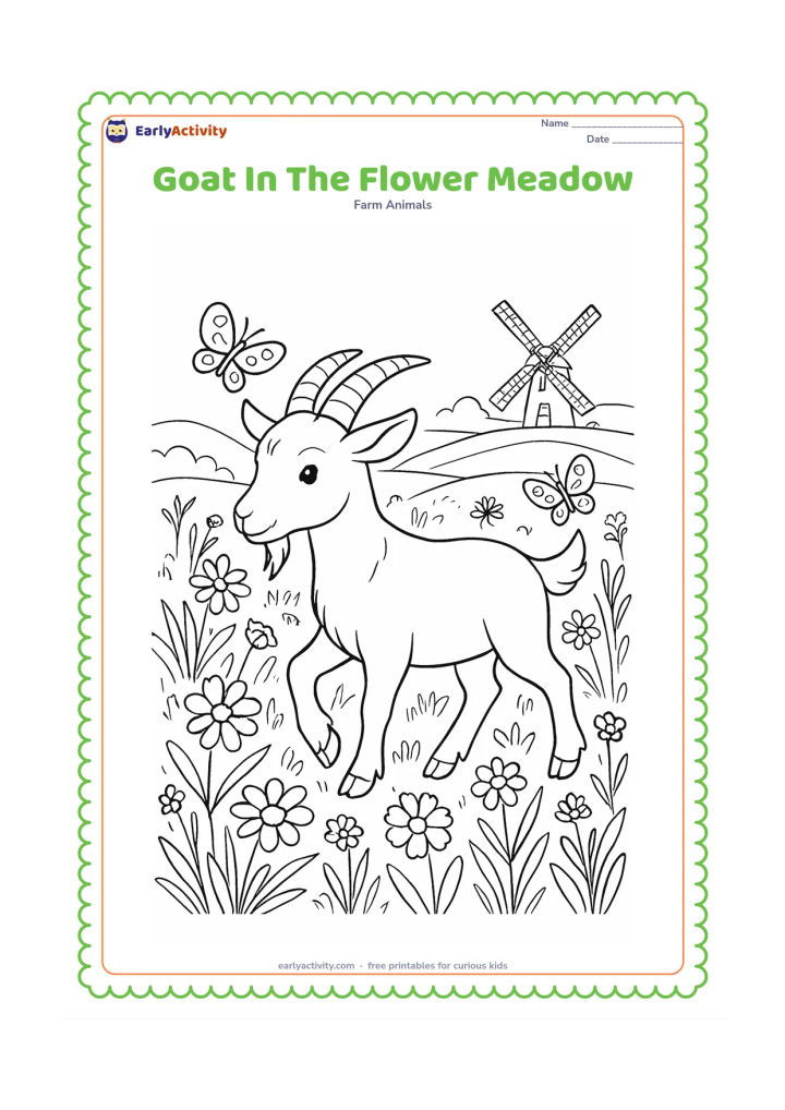 Colouring page: Draw a goat walking through a detailed meadow with daisies, tall grasses, butterflies, a distant windmill, and rolling farmland. Show its split hooves stepping between the flowers.
