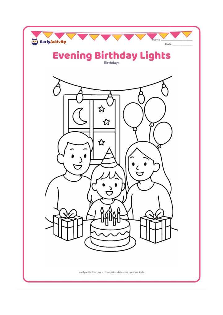 Colouring page: A family gathers around a birthday table at dusk, with a cake, gifts, balloons, and strings of simple glowing bulb shapes. Show a window with a moon and a few stars in the background.