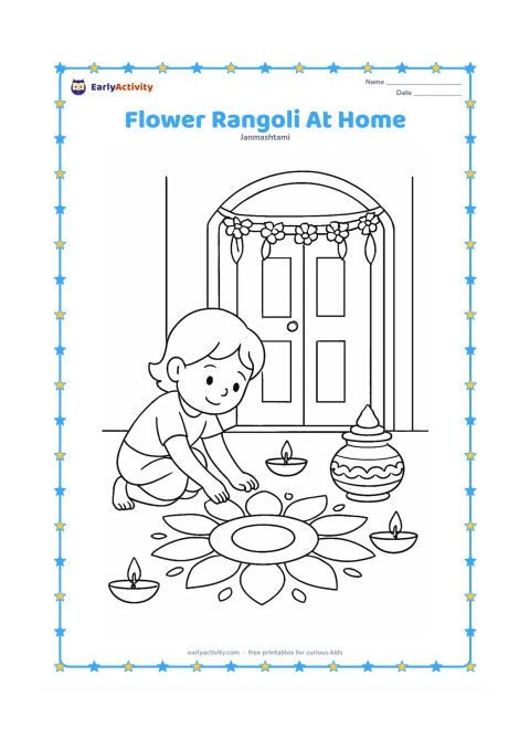 Colouring page: Draw a child placing flower petals around a large rangoli outside an Indian home during Janmashtami. Include a doorway, hanging garland, clay lamps, and a decorated matki.