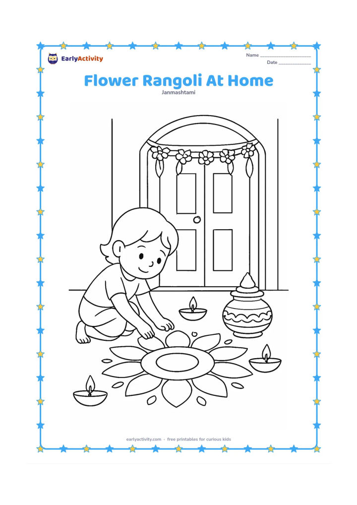 Colouring page: Draw a child placing flower petals around a large rangoli outside an Indian home during Janmashtami. Include a doorway, hanging garland, clay lamps, and a decorated matki.