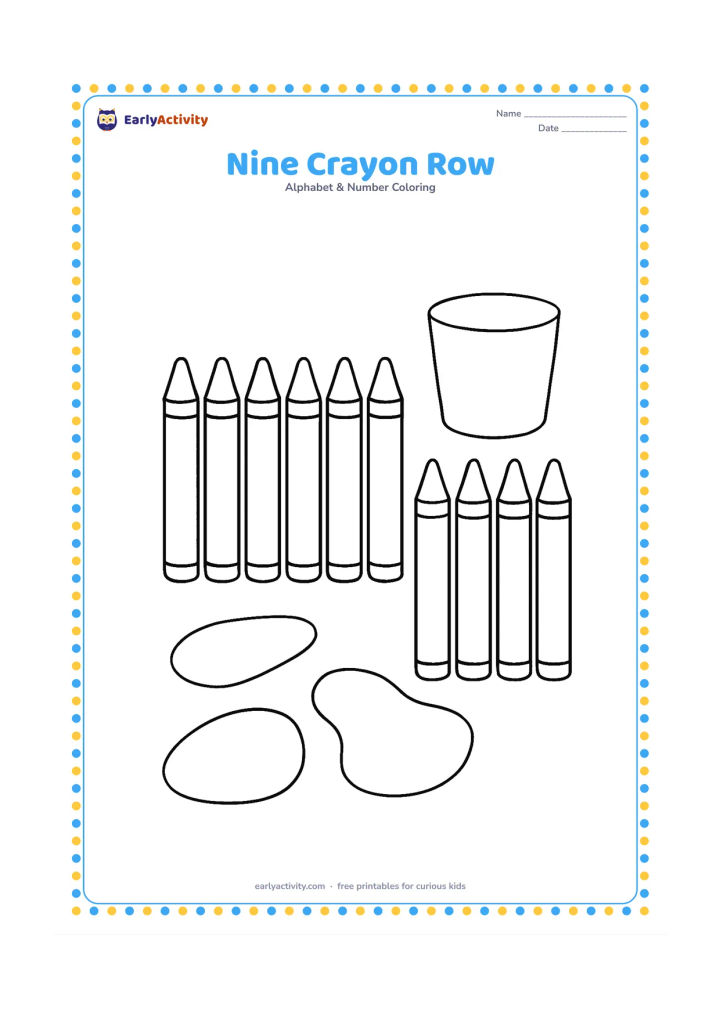 Colouring page: Draw exactly nine chunky crayons arranged in a neat row on a tabletop, with a simple cup and a few broad colour-swatch shapes nearby. The crayon bodies must be blank with no labels or…