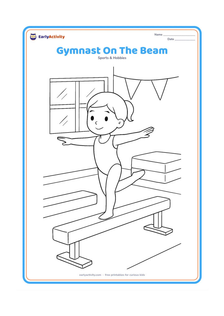 Colouring page: A child gymnast balances with arms extended on a low balance beam in a sports hall, with folded mats, wall windows and a few simple hanging flags without symbols. Show one foot raised…