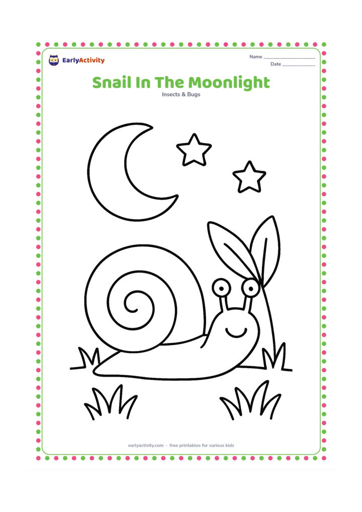 Colouring page: Draw a snail crawling across the ground at night beneath a large crescent moon, with two simple stars, grass and one broad leaf. Keep the snail large in the foreground.