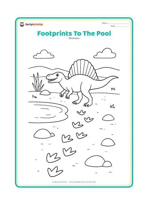Colouring page: A line of Spinosaurus footprints crosses sandy ground toward a pool where the dinosaur waits at the far side. Include the full dinosaur, a few rocks, reeds and a distant ridge.
