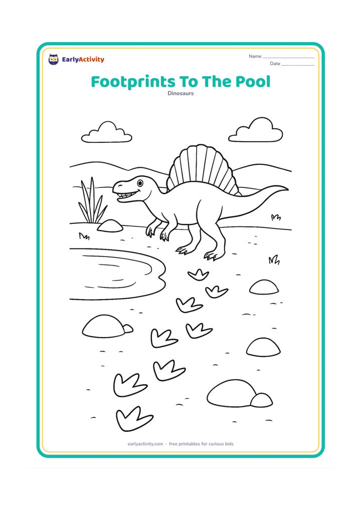 Colouring page: A line of Spinosaurus footprints crosses sandy ground toward a pool where the dinosaur waits at the far side. Include the full dinosaur, a few rocks, reeds and a distant ridge.