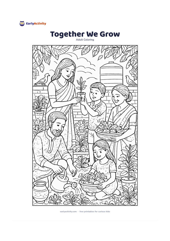 Colouring page: A group of adults and children tend a shared Indian terrace garden, passing a seedling, watering plants and gathering vegetables in baskets. Include clay pots, a low wall, pigeons, a…