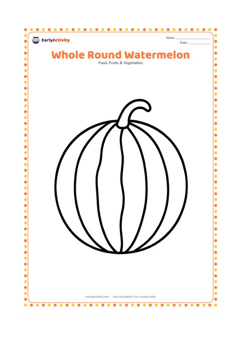 Colouring page: Draw one whole round watermelon with a curved stem and a few broad stripes, centered by itself. Keep the shape large and easy to recognize.