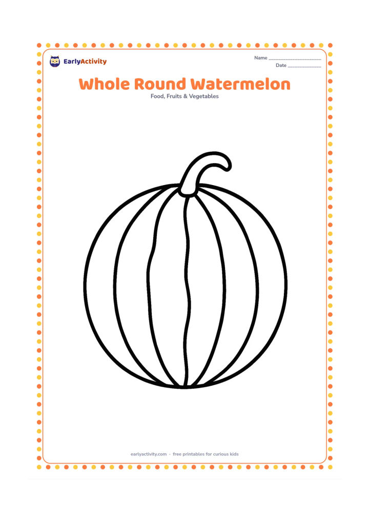 Colouring page: Draw one whole round watermelon with a curved stem and a few broad stripes, centered by itself. Keep the shape large and easy to recognize.