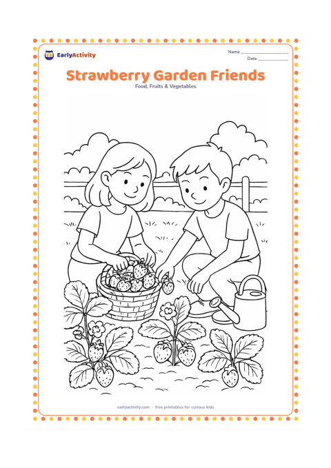 Colouring page: Draw two children carefully picking strawberries into a basket in a garden, surrounded by strawberry rows, broad leaves, flowers, a low fence, and a watering can.