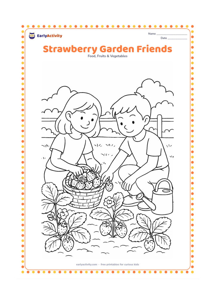 Colouring page: Draw two children carefully picking strawberries into a basket in a garden, surrounded by strawberry rows, broad leaves, flowers, a low fence, and a watering can.