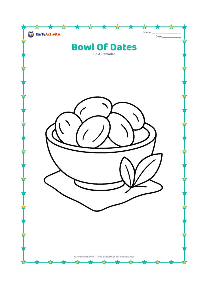 Colouring page: Draw a wide bowl filled with several large dates, with two simple leaves beside it. Add a small cloth underneath the bowl.