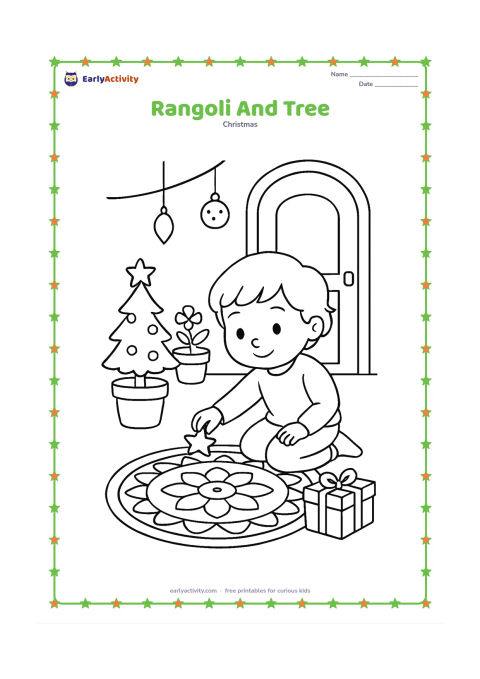 Colouring page: A child sits beside a small Christmas tree and adds a simple star shape to a round rangoli-inspired floor design. Include flower pots, a doorway, hanging ornaments and a wrapped gift.