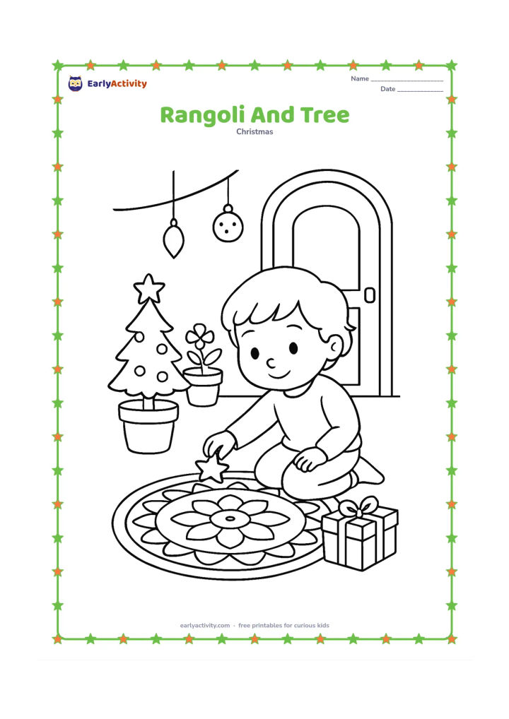 Colouring page: A child sits beside a small Christmas tree and adds a simple star shape to a round rangoli-inspired floor design. Include flower pots, a doorway, hanging ornaments and a wrapped gift.