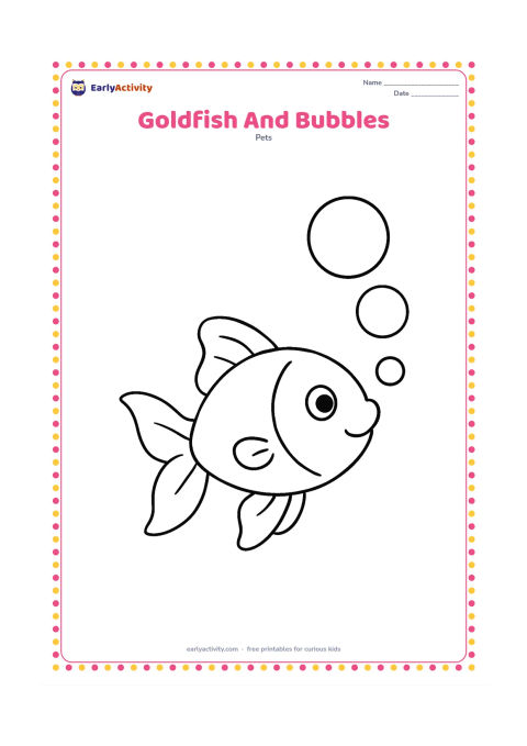 Colouring page: Draw a large goldfish rising diagonally toward three oversized bubbles. Include its rounded body, flowing fins, tail, eye and simple gill marks on an otherwise open page.