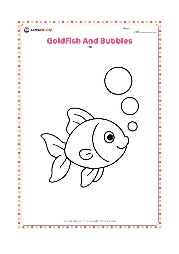 Colouring page: Draw a large goldfish rising diagonally toward three oversized bubbles. Include its rounded body, flowing fins, tail, eye and simple gill marks on an otherwise open page.