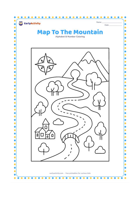 Colouring page: Draw an open picture map showing a winding route from a small village to a mountain, with a river, bridge, trees and a compass-style star shape. Do not include letters, numbers or labels…