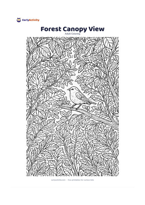Colouring page: Look upward through a dense forest canopy, with overlapping branches, varied leaves, glimpses of blue sky and a small woodland bird perched on a branch. Arrange the leaves in several…