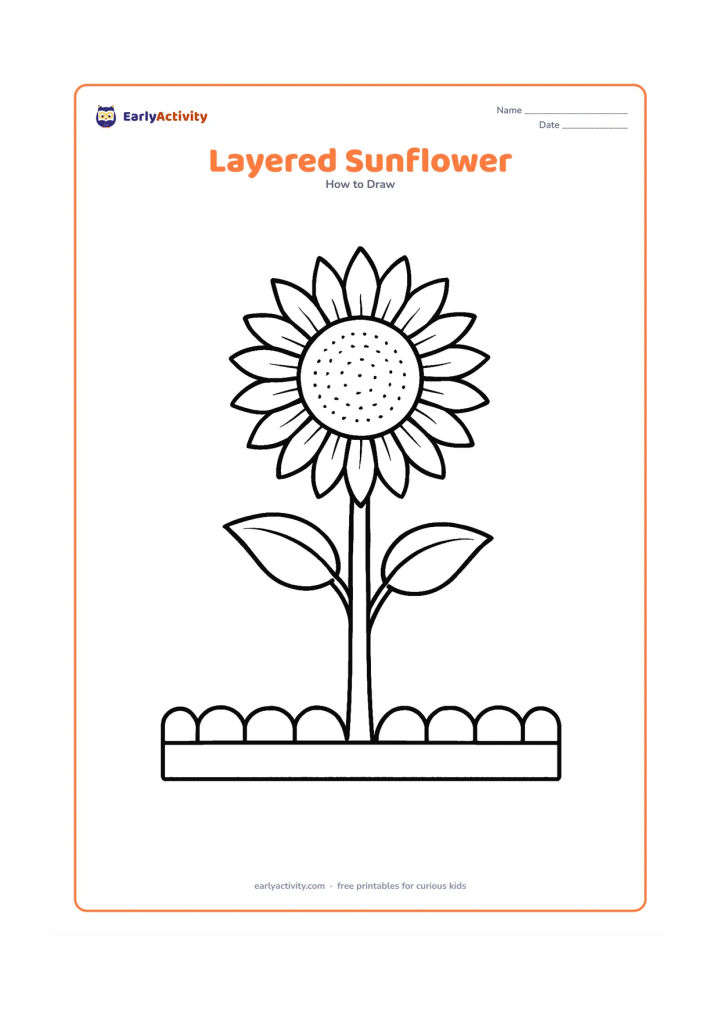 Worksheet: A tall sunflower faces forward with two layers of pointed petals, a textured round centre, a sturdy stem and two angled leaves. Add a low garden border behind it.