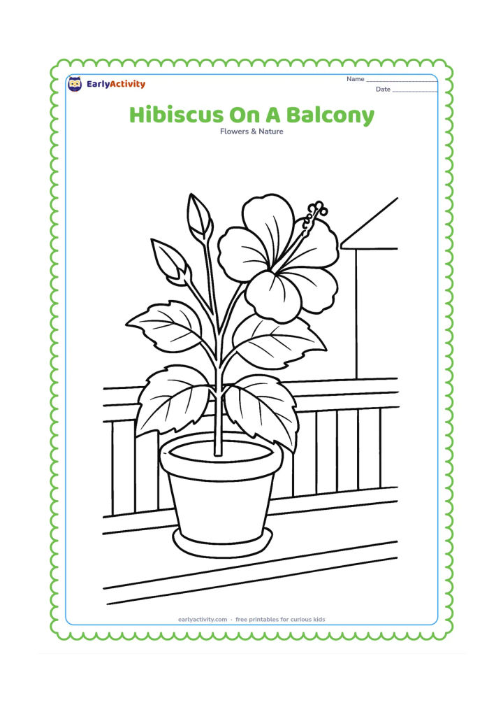 Colouring page: Draw a hibiscus in a clay pot on an Indian-style balcony ledge, with a simple railing, one open flower, two buds, and broad leaves. Add a distant outline of a neighbouring roof without…