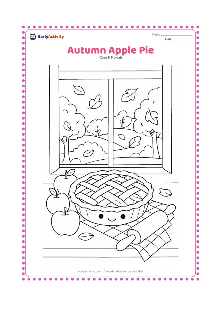 Colouring page: Draw a smiling apple pie cooling on a windowsill, with several apples, a rolling pin and a checked cloth nearby. Outside the window, show falling autumn leaves and an orchard with…