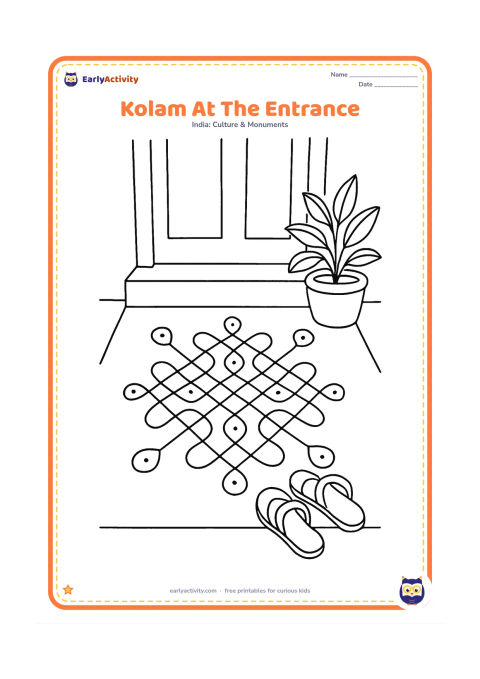 Colouring page: Draw a Tamil Nadu-inspired kolam at the entrance of a home, using looping lines that weave around evenly spaced dots and finish in four curled ends. Include a threshold, a plant pot and…