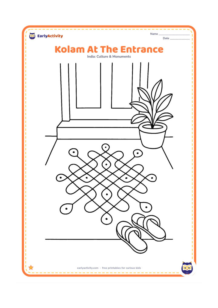 Colouring page: Draw a Tamil Nadu-inspired kolam at the entrance of a home, using looping lines that weave around evenly spaced dots and finish in four curled ends. Include a threshold, a plant pot and…