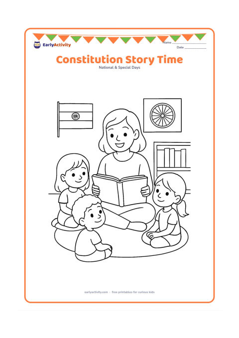 Colouring page: An adult reads from a large plain open book to three children seated on a rug, with a small Indian flag and a simple Ashoka Chakra poster shape nearby. Add cushions and a low bookshelf…