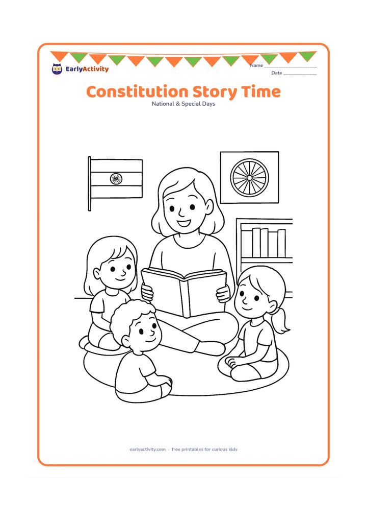 Colouring page: An adult reads from a large plain open book to three children seated on a rug, with a small Indian flag and a simple Ashoka Chakra poster shape nearby. Add cushions and a low bookshelf…