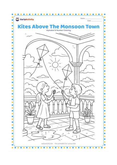Colouring page: Two children fly kites from a covered Indian balcony after a light monsoon shower. Show wet rooftops, potted plants, distant trees, puddle reflections and a bright break in the clouds.