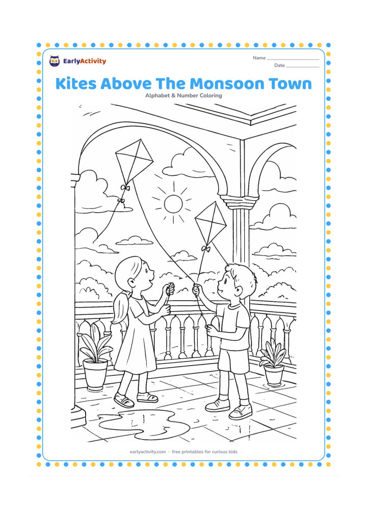 Colouring page: Two children fly kites from a covered Indian balcony after a light monsoon shower. Show wet rooftops, potted plants, distant trees, puddle reflections and a bright break in the clouds.