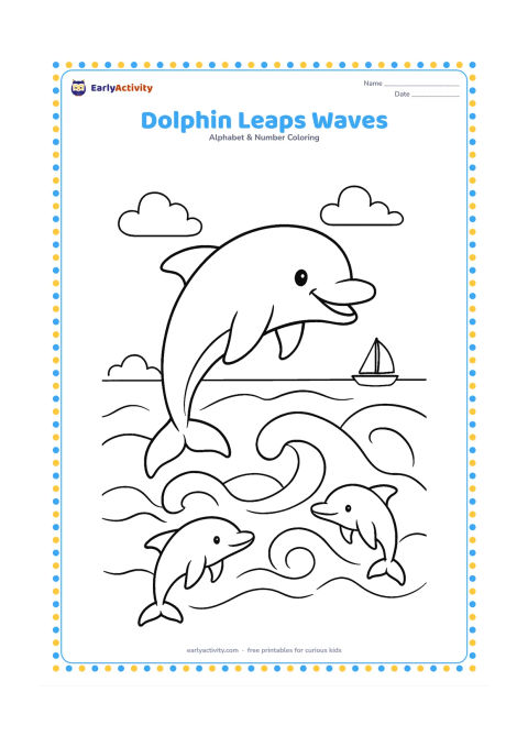 Colouring page: A smiling dolphin jumps above curling ocean waves while two smaller dolphins swim below. Add a distant sailboat, clouds and a low horizon.