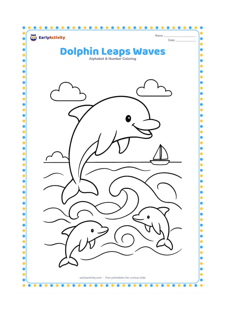 Colouring page: A smiling dolphin jumps above curling ocean waves while two smaller dolphins swim below. Add a distant sailboat, clouds and a low horizon.