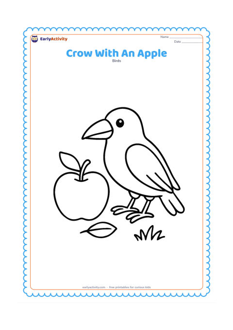 Colouring page: A crow stands beside one large fallen apple on the ground, with two simple leaves and a small patch of grass.