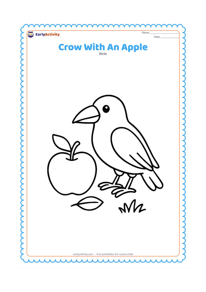 Colouring page: A crow stands beside one large fallen apple on the ground, with two simple leaves and a small patch of grass.