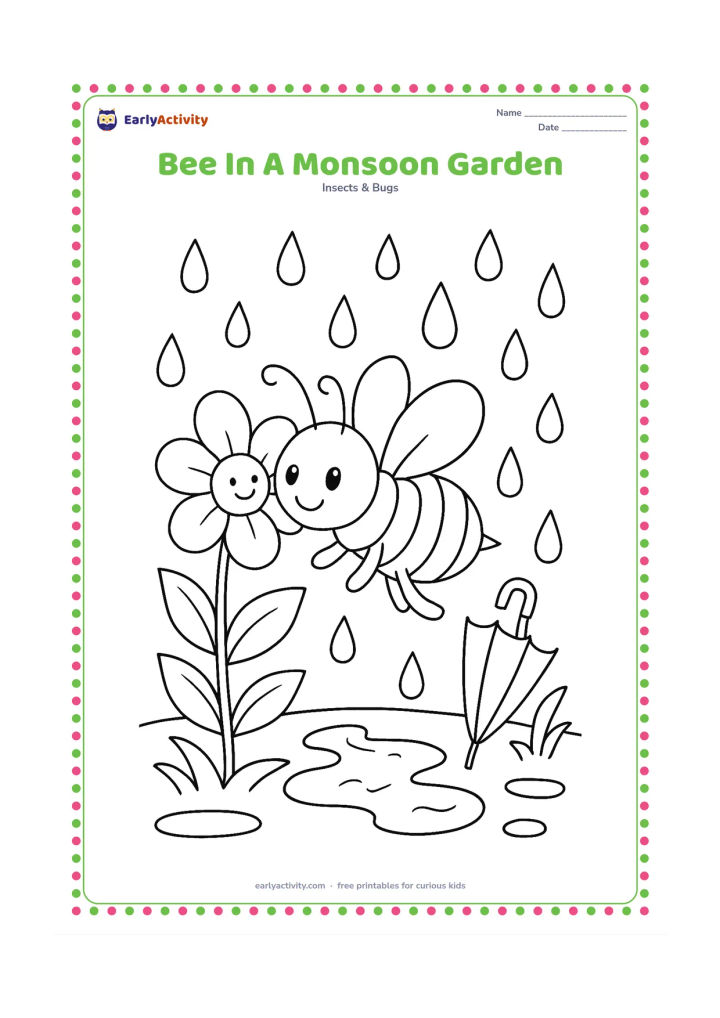 Colouring page: A bee visits a flower after rain, with large raindrops, wet leaves, a puddle and a small umbrella leaning near the garden path. The bee remains the main focus.
