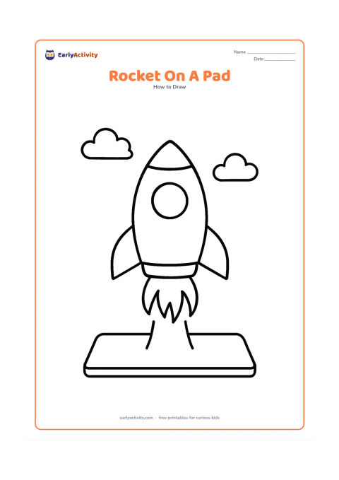 Worksheet: A simple upright rocket resting on a wide rectangular launch pad, with a rounded body, triangle nose, two fins and bold flames beginning below it. Add only two small clouds and leave…